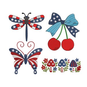 May include: A set of four embroidery designs featuring patriotic themes. The designs include a dragonfly, a butterfly, a pair of cherries with a bow, and a row of mushrooms with flowers. All designs are in red, white, and blue.