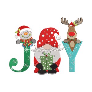 May include: A festive Christmas design spelling "JOY" with a snowman, gnome, and reindeer. The letters are decorated with snowflakes. The snowman and reindeer wear scarves and hats. The gnome holds a green gift with white polka dots.