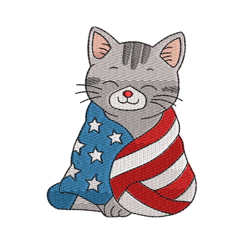 May include: A gray cat with closed eyes is wrapped in an American flag. The cat is sitting with its legs tucked under its body.