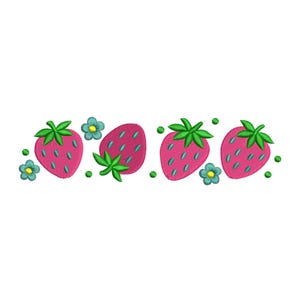 May include: Embroidered design featuring four pink strawberries with green leaves and stems, interspersed with small blue flowers and green dots. The design is set against a white background, creating a cheerful and colorful pattern.