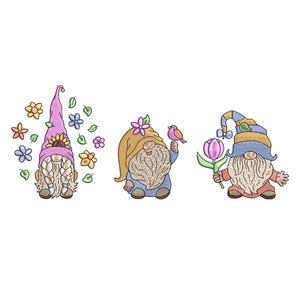May include: Three embroidered gnomes with long white beards and colorful hats. One gnome has a pink hat with a sunflower, another holds a bird, and the third holds a pink tulip. Flowers and leaves surround the first gnome.