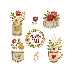 Op de afbeelding: Geborduurde herfstthema-ontwerpen, waaronder een pot, een pompoen, een zak en een koffiemok, elk gevuld met bloemen en bladeren. Een krans met de tekst "hello FALL" is ook te zien. Het kleurenpalet omvat tinten rood, oranje, geel en groen.