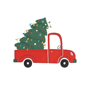 Christmas Truck Embroidery Design – Red Vintage Truck with Christmas Tree and Lights Pattern for Holiday Shirts, Tote Bags....