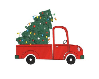 Christmas Truck Embroidery Design – Red Vintage Truck with Christmas Tree and Lights Pattern for Holiday Shirts, Tote Bags....