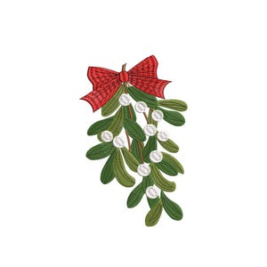 Könnte beinhalten: Gesticktes Misteldesign mit grünen Blättern, weißen Beeren und einer roten Schleife. Ideal für festliches Kunsthandwerk und Dekorationen. Das Bild ist vor weißem Hintergrund.