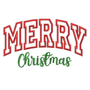 May include: A festive design featuring the words "MERRY Christmas" in red and green. The word "MERRY" is in a bold, arched, collegiate-style font, while "Christmas" is in a flowing script. Perfect for holiday-themed crafts and decorations.