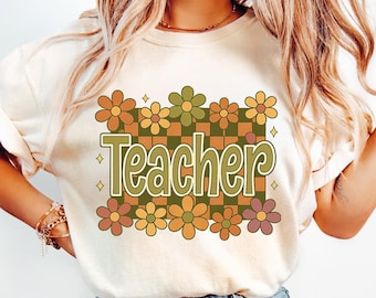 Profesora retro PNG, diseño de camiseta floral para profesora, profesora preppy PNG, descarga digital de agradecimiento a la profesora, flores silvestres para profesora