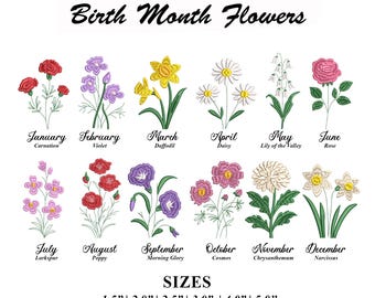 Birth Month Flower Embroidery Bundle | 12 Floral Machine Embroidery Designs | Monthly Flower Set for Personalized Gift | Digital Download