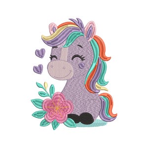 Cute Pony Embroidery Design | Baby Horse Machine Embroidery File | Rainbow Pony Embroidery | Pony with Flower Instant Download
