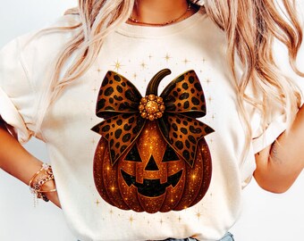 Leopard Bow Pumpkin PNG – Glitter Jack O Lantern-sublimatie – Glam Halloween-shirtontwerp – Sparkle Fall-clipart voor sublimatie