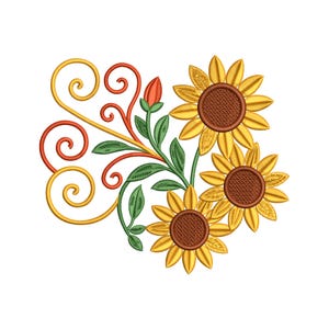 May include: A digital embroidery design featuring three sunflowers with brown centers and yellow petals. The design includes green leaves, a red bud, and decorative yellow and red swirls, all set against a white background.