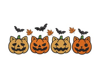 Diseño de bordado de calabaza de Halloween: adorable cara de gato de Jack-O-Lantern. Archivo de bordado a máquina.