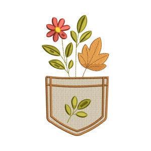 May include: Embroidered design of a pocket with a flower, leaves, and a fall leaf. The flower is red with a yellow center. The leaves are green and the fall leaf is orange. The pocket is tan with a brown border.