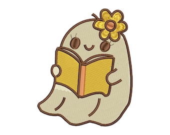 Diseño de bordado de fantasmas de lectura, archivo de puntada de Halloween con un lindo tema de libros, bordado a máquina de fantasmas inteligentes de otoño PES DST