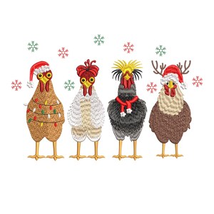May include: Four embroidered chickens with festive holiday accessories. One chicken has a Santa hat and antlers, another wears a Santa hat, and a third is adorned with a red scarf. The first chicken is decorated with Christmas lights.