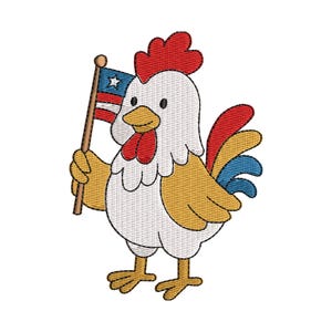 Patriotic Chicken Embroidery Design – 4th of July Chicken with Flag – Funny Farm Animal Machine Embroidery File – 9 Sizes – Instant Download