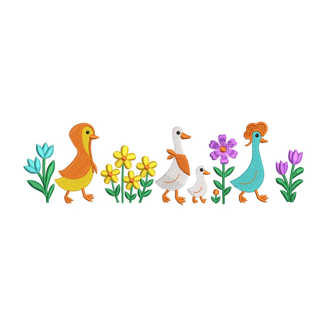 Summer Duck Family Embroidery Border – Cute Duck and Flowers Machine ...