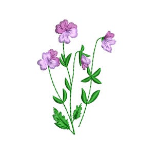 May include: Embroidered design of a bouquet of purple flowers with green stems and leaves.