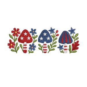 May include: Three embroidered mushrooms with red, white, and blue stars and stripes. The mushrooms are surrounded by green leaves and red and blue flowers.