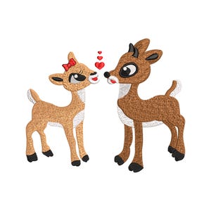 May include: An embroidered design featuring two deer, one with a red bow and the other with antlers, facing each other with hearts floating between them. The deer are brown with white accents and black hooves, set against a white background.
