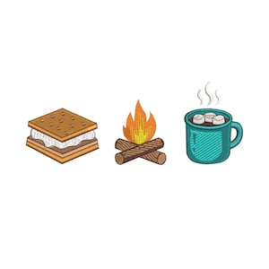 May include: An embroidered design featuring a s'more, a campfire with flames, and a teal mug of hot chocolate with marshmallows. The s'more is made with graham crackers, marshmallow, and chocolate. The campfire has orange and yellow flames.