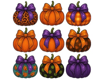 Fall Pumpkin PNG,  Rustic Halloween Pumpkins with Bows, Leopard Plaid Polka Dot Clipart ,Autumn Sublimation PNG for Shirts & Crafts