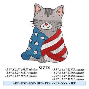 May include: A gray cat wearing a red, white, and blue American flag blanket. The cat is sitting with its paws tucked under its body. The image includes the text "SIZES" and lists different sizes and stitch counts for embroidery patterns.