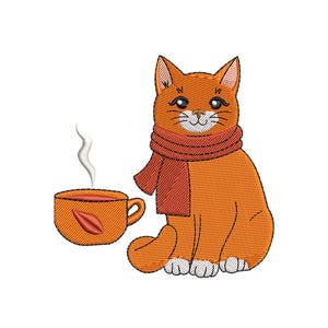 May include: An embroidered orange cat wearing a red scarf, sitting next to a steaming orange mug with a coffee bean design. The cat has white paws and a smiling face, creating a cozy, autumn theme.