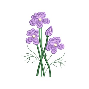May include: Embroidered floral design featuring three lavender flowers with white centers and a single bud. The flowers have detailed petal stitching and are set against green stems and delicate green leaves. The design is on a white background.