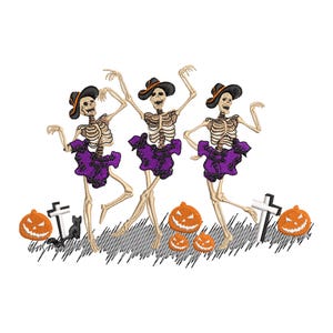 May include: An embroidered Halloween design featuring three dancing skeletons wearing purple tutus and black hats. The skeletons are on a grassy area with jack-o'-lanterns, a black cat, and tombstones. A festive and spooky design.