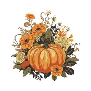 Può includere: Design ricamato con una grande zucca arancione circondata da fiori arancioni e gialli, foglie verdi e steli marroni. Il design è ambientato su uno sfondo bianco, creando un tema autunnale o di raccolta.