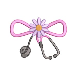May include: An embroidered design featuring a pink bow, a lavender daisy with a yellow center, and a stethoscope. The stethoscope has black tubing and gray earpieces. The design is on a white background.