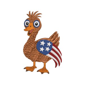 May include: A cartoon duck with brown feathers, large blue eyes, and an open beak. The duck has a patriotic design on its wing, featuring a blue circle with white stars and red and white stripes.