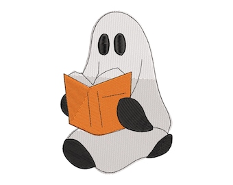 Diseño de bordado de lectura fantasmal, archivo digital de bordado de Halloween para sudaderas, bolsos, regalos para maestros, costura de otoño, 6 tamaños