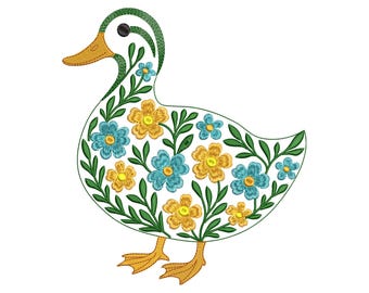 Floral Duck Embroidery Design, Summer  Farmhouse Animal Machine Embroidery File, Cute Garden Duck Stitch PES DST JEF, Cottagecore Bird Decor