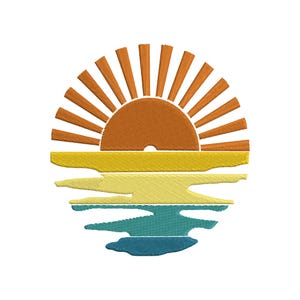 May include: Embroidered sunset design. The sun is a warm orange colour with radiating lines. Below the sun are horizontal bands of yellow, light blue, and dark blue, representing the water.