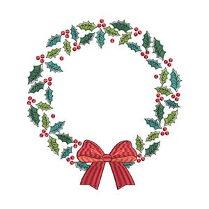 May include: Embroidered Christmas wreath with green leaves, red berries, and a red bow. The wreath is circular and features a detailed design, perfect for holiday decor.