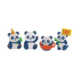 May include: Four embroidered panda bears with different expressions. One panda is wearing a party hat, another is holding a cup, another is holding a bamboo shoot, and the last one is holding a sign that says "Hi!"