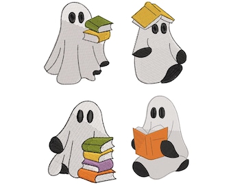 Paquete de diseños de bordado de fantasmas de Halloween, descarga digital espeluznante y adorable de lectura de libros para sudaderas, bolsos y almohadas.