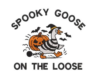 Spooky Goose Embroidery Design, Funny Halloween Goose Embroidery Pattern with Pumpkin, Witch Hat and Bats for Machine Embroidery