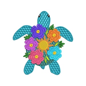 Floral Turtle Embroidery Design, Sea Animal Embroidery Digital File for Summer Beach Projects & Gifts