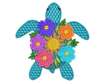 May include: Embroidered sea turtle design in shades of turquoise, adorned with colorful flowers. The turtle's shell features a textured pattern, and the flowers include purple, orange, pink, and blue petals with yellow centers. Green leaves are interspersed among the flowers.