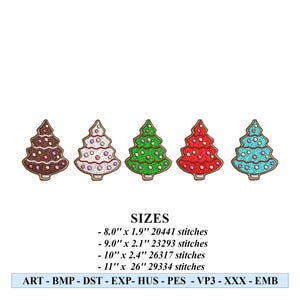 May include: Five embroidered Christmas tree designs in brown, white, green, red, and blue. Each tree has a gingerbread cookie appearance with colorful dot decorations. The image includes size details in inches and the file types.