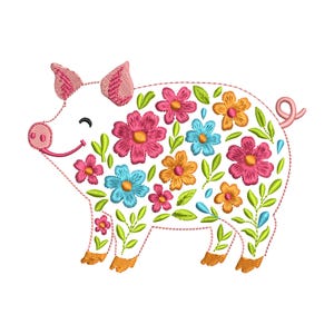 May include: Embroidered design of a pink pig with a floral pattern. The pig is covered in pink, blue, yellow, and green flowers.