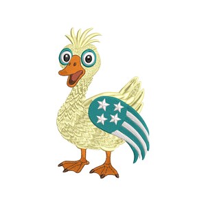 May include: A cartoon duck with a light yellow body, orange beak and feet, and large blue-rimmed eyes. The duck has a teal wing with white stripes and stars. The duck is smiling with its mouth open.