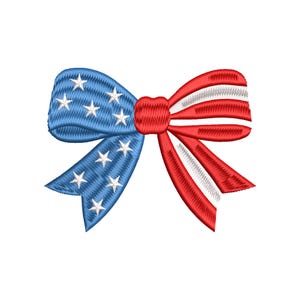 May include: Embroidered bow in patriotic colors. The bow features blue ribbons with white stars and red ribbons with white stripes, creating a festive design. Perfect for crafting or adding a touch of Americana to any project.