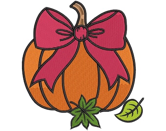 Pumpkin with Bow Embroidery Design – Fall and Thanksgiving Pumpkin Machine Embroidery File – Autumn Digital Download Pattern
