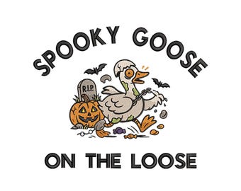 Spooky Goose Halloween Embroidery Design – Funny Goose with Pumpkin and Graveyard Scene