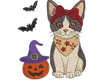 Halloween Cat with Pumpkin Embroidery Design – Cute Fall Witch Hat Embroidery File – Spooky Cat Digital Pattern for Halloween Decor