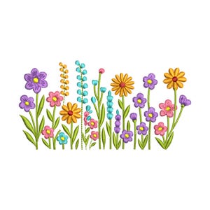 Könnte beinhalten: Ein farbenfrohes, gesticktes Blumendesign mit verschiedenen Blumen in Lila, Gelb, Rosa und Blau. Die Blumen haben grüne Stiele und Blätter, vor einem weißen Hintergrund. Geeignet für Stickprojekte.
